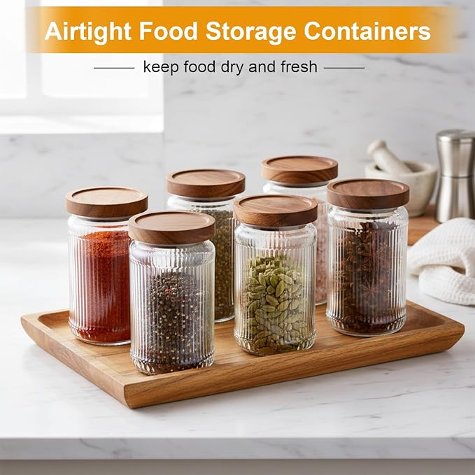 6 Pcs 1000ml/34 oz Vintage Glass Jars with Wood Lids | Airtight Ribbed Containers, Wood Lids for Coffee Beans Tea Sugar Flour Spices, Stackable Pantry Countertop Storage Organizer