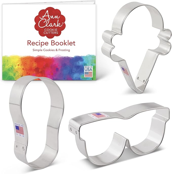 Ann Clark Cookie Cutters Summer Fun Cookie Cutters 3-Pc. Set Made in the USA, Flip Flop, Sunglasses, Ice Cream Cone