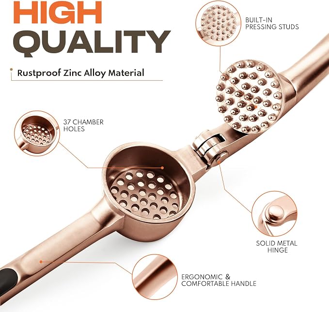 Kitchen Garlic Press, Rust Proof & Dishwasher Safe Garlic Mincer, Durable Garlic Crusher Set with Peeler＆Brush, Easy to Clean and Squeeze, Copper
