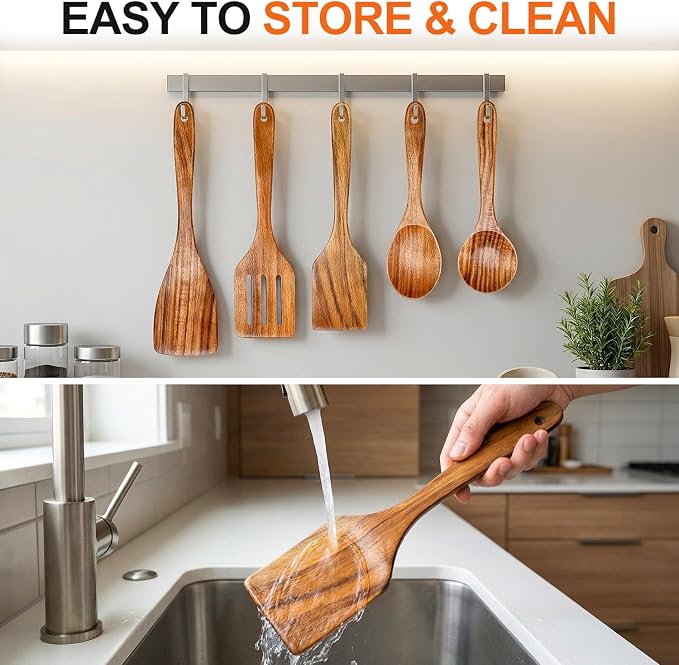 5 Pcs Best Wooden Spoons for Cooking Kitchen Utensils Set Acacia Wood Cooking Spatula Turner Non Toxic Utensil Slotted Serving Spoon Flat Spatulas Set Wooden Utensis Mixing Cooking Spoon