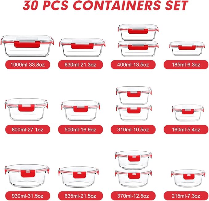 VERONES 30 Pieces Glass Food Storage Containers Set with Lids, Red | Stackable Glass Meal Prep Containers Set with Lids, Airtight Lunch Containers, for Microwave, Oven, Freezer & Dishwasher