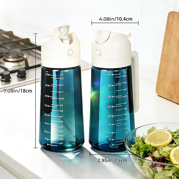 Glass Olive Oil Sprayer for Cooking (16oz/470ml), 2 in 1 Olive Oil Dispenser Bottle for Kitchen Gadgets and Air Fryer Accessories, Salad, BBQ - 1-Pack, Blue White