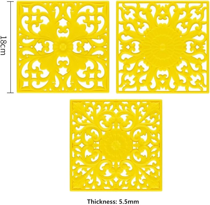 Silicone Trivets Mats for Hot Dishes, Square Trivet Hot Pads for Kitchen Counter, Trivet for Hot Pots and Pans, Thick Heat Resistant Mat for Quartzs, Kitchen Tabletops Pot Holder Set 3 Yellow