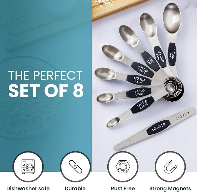 Zulay Kitchen Stackable Magnetic Spoons Set of 8 - Dual Sided Magnetic Measuring Spoons Set Fits In Spice Jars - Stainless Steel Measuring Spoons Magnetic For Dry and Liquid Ingredients (Black)