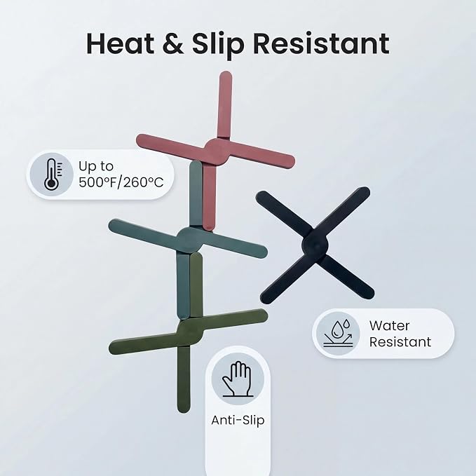 Silicone Trivets & Pot Holders 4 Pack | for Hot Dishes, Hot Pots & Pans, Anti-Slip Heat & Water Resistant Kitchen Pads