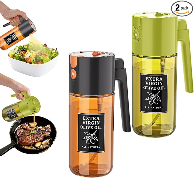 2-Pack 2-in-1 Oil Sprayer & Dispenser Dark Glass Fine Mist No-Drip | Two 500ml dark glass bottles for BBQ, salad, outdoor meals, oil & vinegar; food-safe, 304 filter, wide-mouth refill/cleaning.