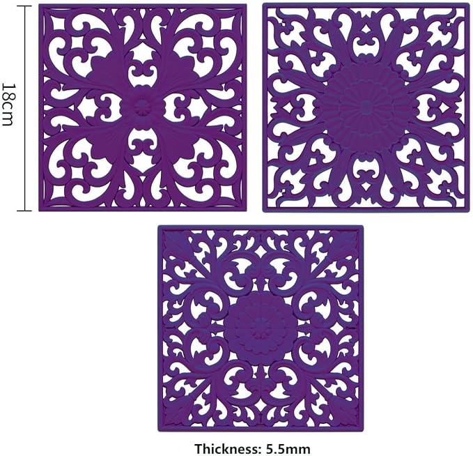 Silicone Trivets for Hot Dishes-Pots&Pans, Square Multi-Use Carved Trivet Mat, Insulated Silicone Mats, Flexible Trivet Mat for Countertop&Tabletop, Pot Holders Hot Pads Set 3 Purple