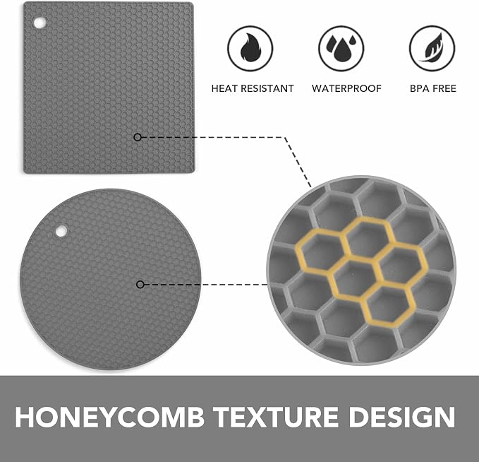 4 Pack Trivets for Hot Dishes | Hot Pads for Kitchen, Silicone Pot Holders for Kitchen Countertops,Table, Hot Pots and Pans, Easy to Wash and Dry, Grey