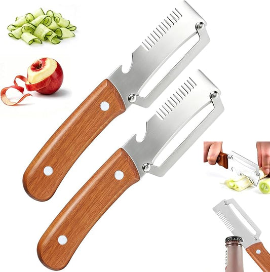 3-in-1 Multi-Function Kitchen Vegetable Peeler with Wooden Handle and Bottle Opener, Ideal for Peeling Fruits and Vegetables, Stainless Steel Blade Kitchen Tool (2 PCS)