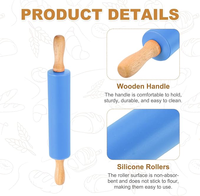 uxcell Rolling Pins for Baking, 12 Inch Silicone Non-Stick Rolling Pin Baking Roller Wooden Handle for Home Kitchen Dough Cookies Pastry, Blue