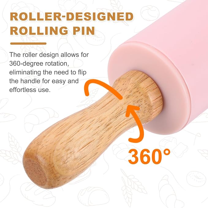 uxcell Rolling Pins for Baking, 9 Inch Silicone Non-Stick Rolling Pin Baking Roller Wooden Handle for Home Kitchen Dough Cookies Pastry, Pink