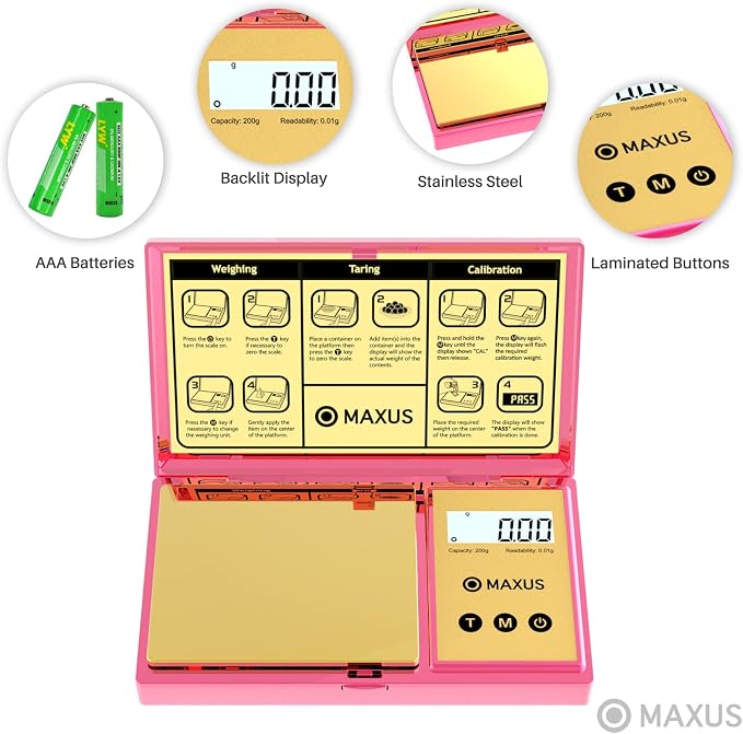 Digital Gram Scale with 200g x 0.01g Capacity | Stylish Pink Plated Shining Cover and Platform, Mini Pocket Scale for Food and Jewelry