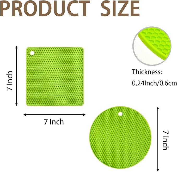 6-Pack Silicone Trivet Mats, Heat Resistant Hot Pads, Dishwasher Safe Kitchen Mats, BPA-Free Pot Holders for Table, Countertop, Stove, Honeycomb Design (Green, 7” Square/Round)