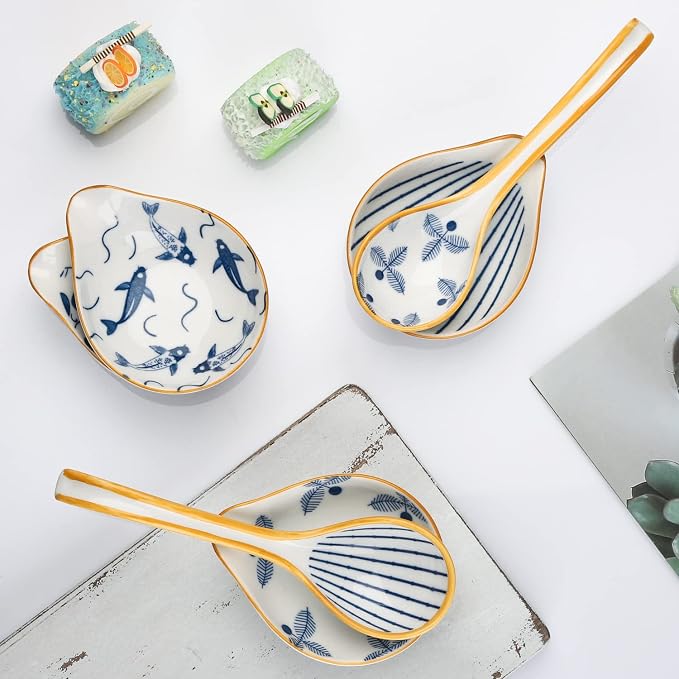 Ceramic Soup Spoons Set of 4 Porcelain Japanese Soup Spoon Long Handle Asian Soup Spoon Sets for Pho Ramen Noodles Wonton Dumpling Rice (Model 4#)