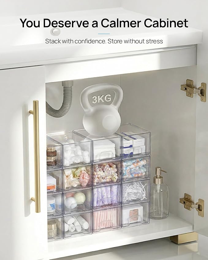 Vtopmart 10 Pack Small Clear Stackable Storage Drawers | Plastic Bathroom Makeup Organizer, For Vanity, Undersink, Kitchen Cabinets, Pantry, Home Organization