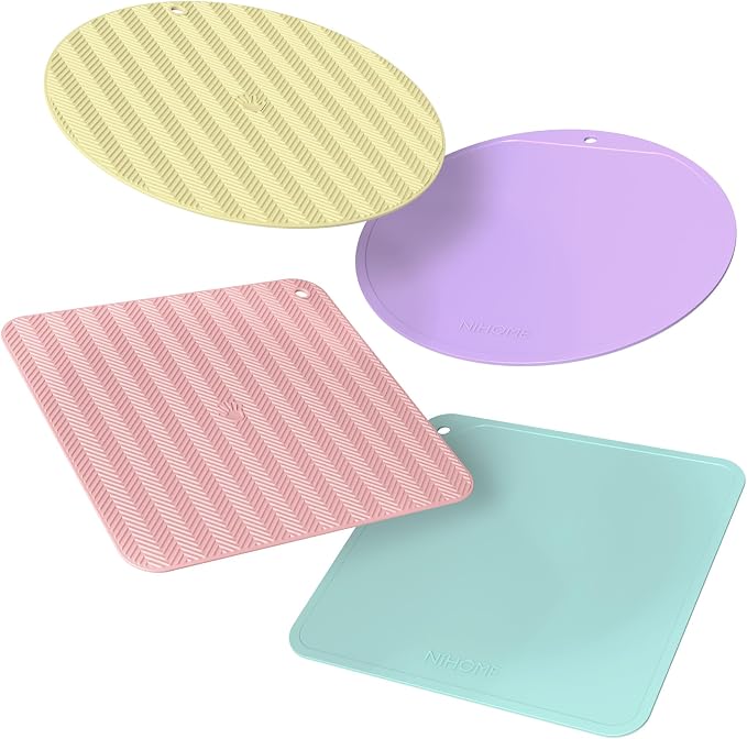 NiHome Jar Opener Gripper Pads, 6in Silicone for Seniors, 4-Pack | Macaron Pastel Colors & Set Options, Palm-Textured with Hang Holes, Square and Round Shapes, Dishwasher Safe Coaster