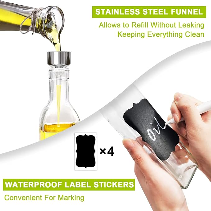 Showvigor Olive Oil Dispenser, 2 Pack 17oz/500ml Square Tall Glass Bottle | Vinegar Cruet Bottle, 2 Stainless Steel Pourers, 4 Labels, 1 Brush and 1 Funnel, for Kitchen