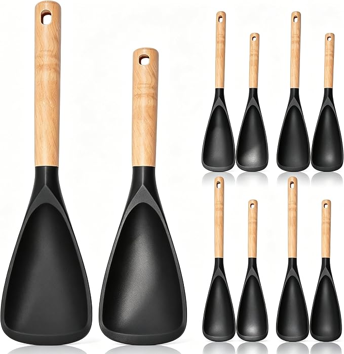 8Pack Silicone Cooking Spoons, Wooden Handle Spatula Spoon for Non-Stick Cookware, Black 4 Large 4 Small Heat Resistant Kitchen Utensils for Stirring, Scooping, Scraping, Dishwasher Safe
