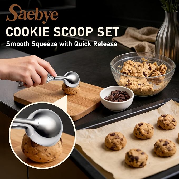 Saebye Cookie Scoop Set, Cookie Scoops for Baking Set of 3, Cookie Dough Scoop, 1 Tbsp/ 2 Tbsp/ 3 Tbsp, Melon Baller Scoop, Ice Cream Scoop with Trigger, for Cookie Cupcake Muffin Ice Cream Truffles