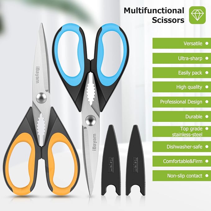Kitchen Scissors, 2-Pack Kitchen Shears, 9 Inch Heavy Duty Dishwasher Safe Food Scissors, Multipurpose Stainless Steel Sharp Cooking for Kitchen, Chicken, Poultry, Fish, Meat, Herbs
