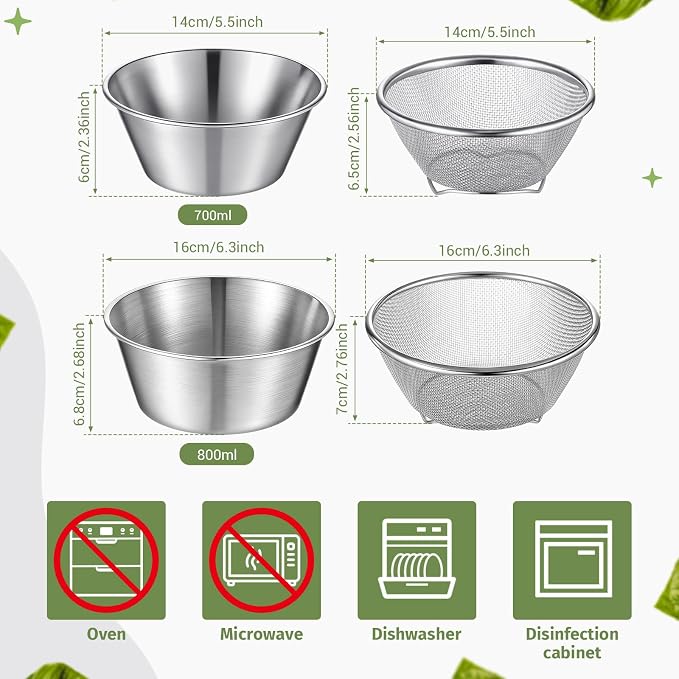 Baderke Mini Colander & Food Strainer 304 Stainless Steel Small Mixing Colanders Bowl Rice Strainer for Kitchen Cooking Fruit Washing Vegetable (6.3 x 2.76 Inches,Silvery,4 Pcs)