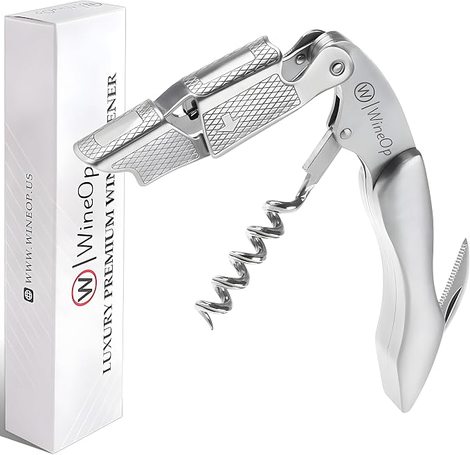 WineOp Professional Wine Opener Luxury Double Hinged Waiter's Corkscrew Wine Bottle Key - Cork screwer for Servers, Bartenders, Sommelier and Home Use | All-In-One Stainless Steel (Silver Handle)