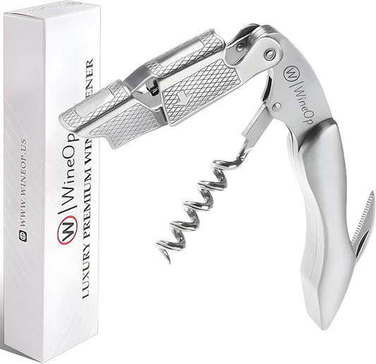 WineOp Professional Wine Opener Luxury Double Hinged Waiter's Corkscrew Wine Bottle Key - Cork screwer for Servers, Bartenders, Sommelier and Home Use | All-In-One Stainless Steel (Silver Handle)