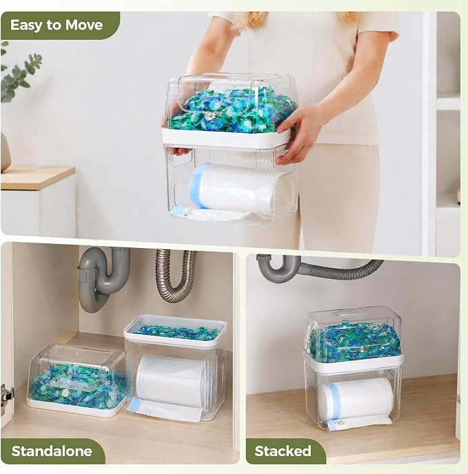 Trash Bag Dispenser & Dishwasher Pod Holder, 3-in-1 Trash Bag Holder Laundry Pods Container with Moisture-Proof Lid, Acrylic Garbage Bag Dispenser for Under Sink Organizer Laundry Room Organization