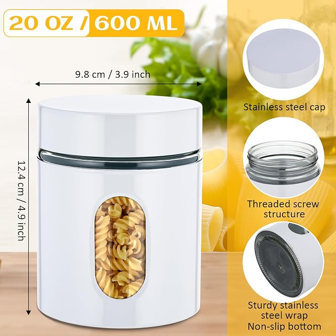 6 Pack Kitchen Canisters Set Airtight Coffee Sugar Tea Storage Jars with Window Glass Stainless Steel Containers with Lids for Flour Cookies Spices Grains Kitchen Decorations(White,20 oz)