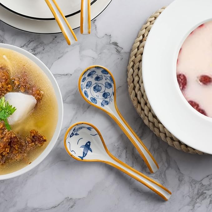 Ceramic Soup Spoons Set of 4 Porcelain Japanese Soup Spoon Long Handle Asian Soup Spoon Sets for Pho Ramen Noodles Wonton Dumpling Rice (Model 4#)