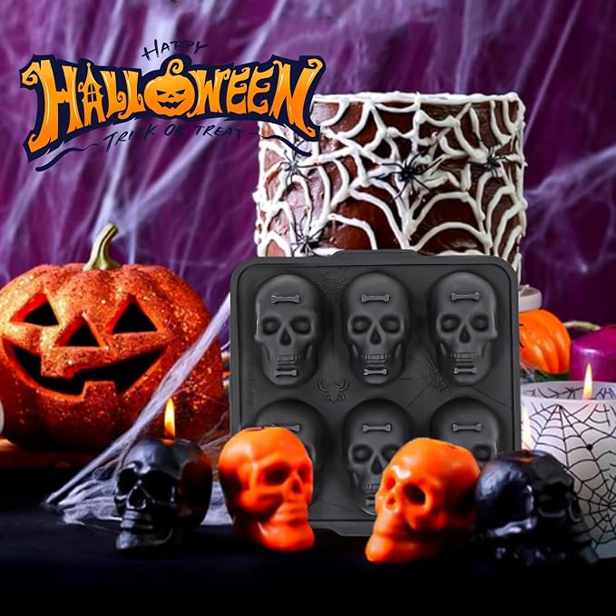 FUNBAKY Skull Baking Pan, Muffin Pan with Metal Reinforced Frame, Silicone Skull Cake Mold - Halloween Nonstick Large Molds for Baking with Handle (2 pack)