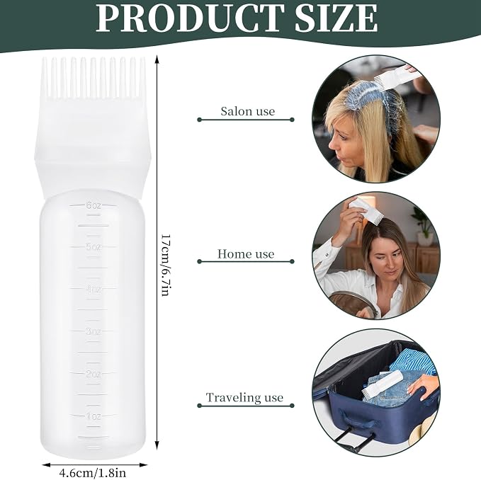 Pimoys 6Oz Root Comb Hair Dye Oil Applicator Bottles for Scalp, White | Plastic Squeeze Bottle Dispenser with Graduated Scale, Comb Tip Applicator For Hair Coloring and Scalp Oiling, Home Salon Use