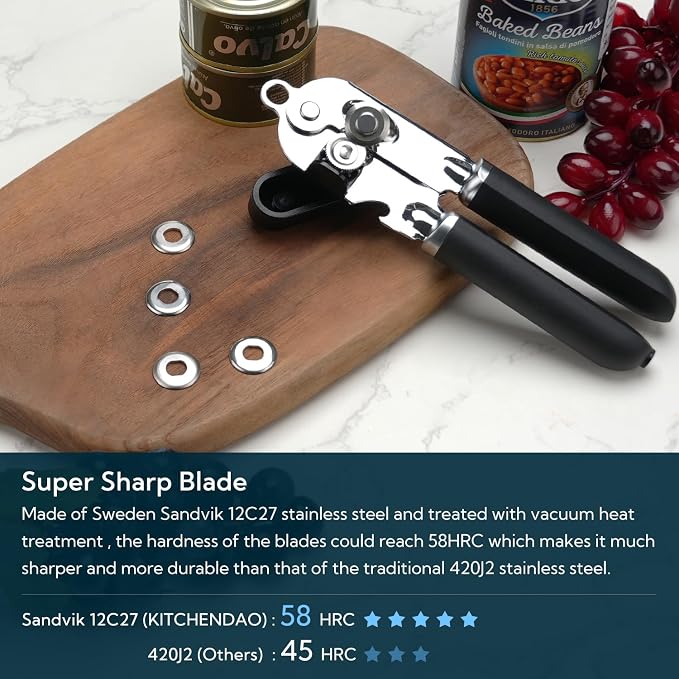 KITCHENDAO Manual Can Opener, Super Sharp Sandvik 12C27 Blade, Handheld Can Opener with Magnet, Smooth Edge Cut, Soft Grip, Oversized Knob for Seniors & Arthritis, Easy to Use, Black