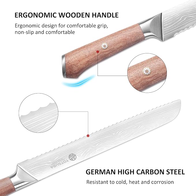 YOTSUBA 10" Japanese Bread Knife – Serrated Blade, High Carbon Japanese Stainless Steel with Natural Rosewood Handle, Perfect for Sourdough, Sandwich & Crusty Bread, Great Gift for Home Bakers