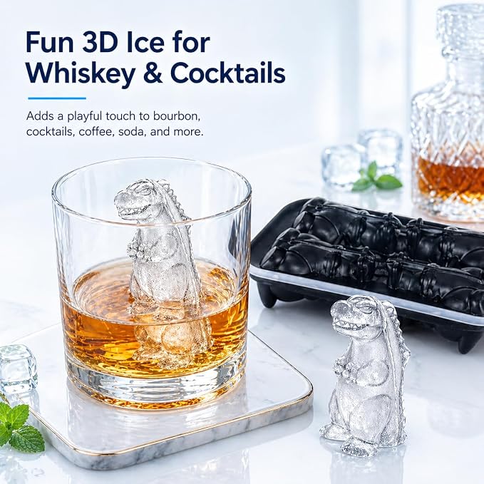 Dinosaur Ice Cube Tray Mold - Cute Fun Whiskey Ice Molds Gift for Women Men | 3D Dinosaur Shape Cute Ice Molds for Whiskey Bourbon, 4-Hole Large Fun Shapes Funny Gifts, for Animals Lovers Women Men