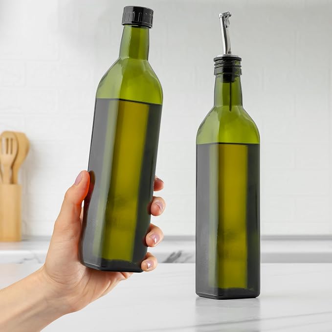 Zulay Kitchen 17oz Olive Oil Dispenser Bottle – Glass Oil Cruet with Spout, Funnel & Pourers, Easy-Pour Decanter for Kitchen Cooking and Serving (Green)