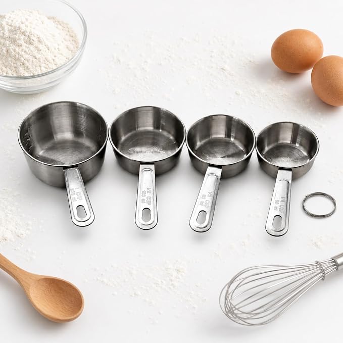 Stainless Steel Measuring Cups Set of 4, Nesting Metal Cups, Marked Handles | Includes 1/4, 1/3, 1/2 and 1 Cup; Stamped 1-Cup Interior Marks for Dry Ingredients, Flour, Sugar, Oats, Rice and Baking