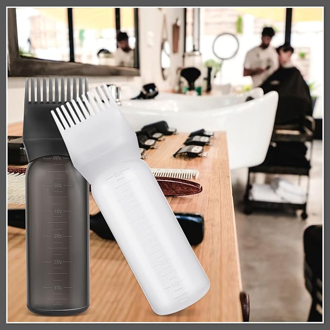 Pimoys 2 Pcs 6Oz Root Comb Hair Dye Oil Applicator Bottles For Scalp | Black White, Plastic Squeeze Bottle Dispenser with Graduated Scale, Comb Tip Applicator For Hair Coloring Oiling Home Salon