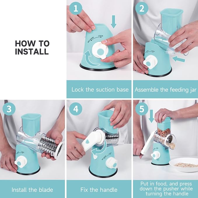Rotary Cheese Grater, Cheese Grater Hand Crank with 3 Interchangeable Blades, Manual Cheese Shredder with Strong Suction Base, Easy to Use and Clean, Blue