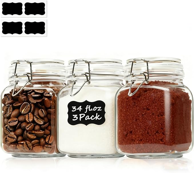 ComSaf Square Glass Pantry Jars with Airtight Lids 34 oz 3 Pack Coffee | Coffee beans, Tea sugar flour, Coffee station, Pantry organization, Small apartments, Countertop storage, Pickle