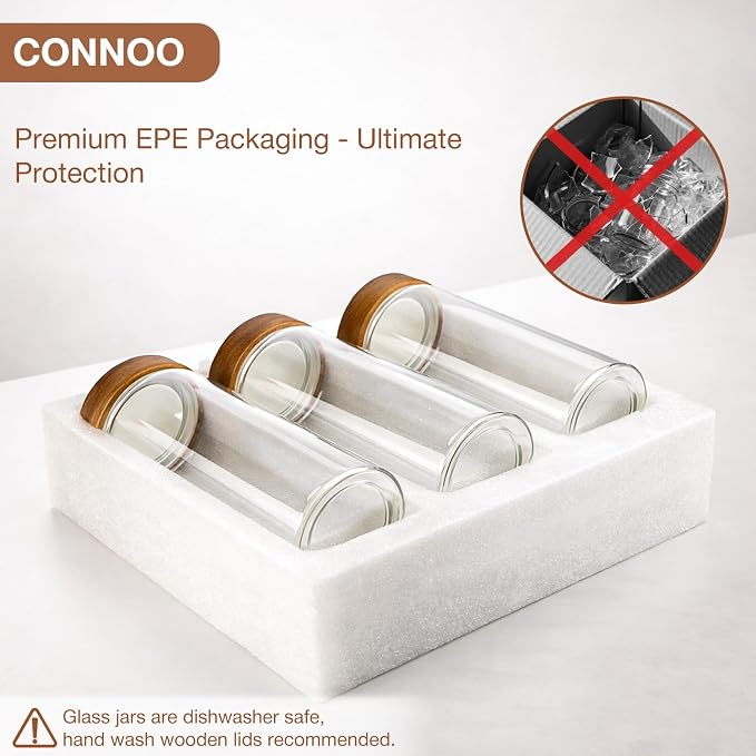 CONNOO 40oz Airtight Glass Storage Containers with Wood Lids (3-Pack) | Airtight Pantry Containers, Keep Pasta, Cereal & Dry Foods Fresh, Includes 120 Labels for Easy Kitchen Organization