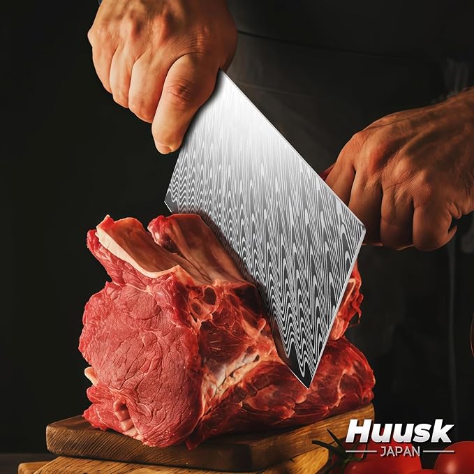 Huusk Stainless Meat Cleaver Knife 7" - Butcher Knife for Meat Cutting with Resin Handle, Heavy Duty Vegetable Chopping Knives with Full Tang Blade, Japanese High Carbon Steel, Gift Idea for Men Women