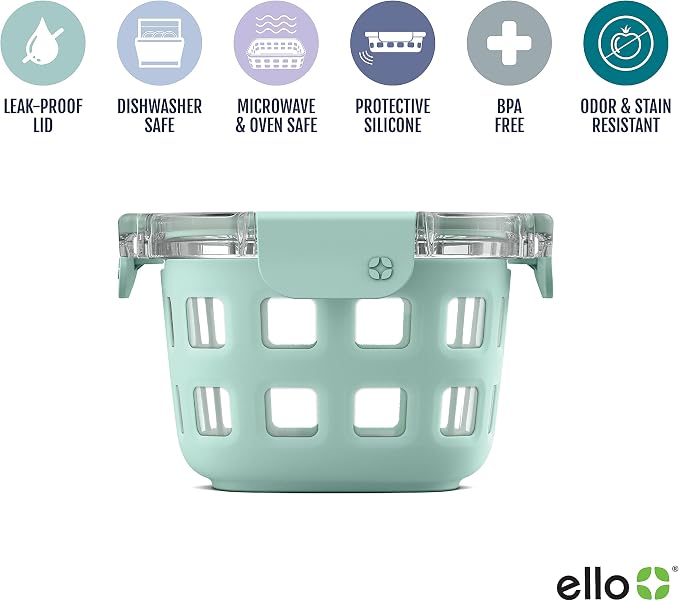 Ello DuraGlass Rounds Glass Food Storage Containers - Meal Prep Bowls with Silicone Sleeve and Airtight Lids, 2 Cup, Yucca (Pack of 6)