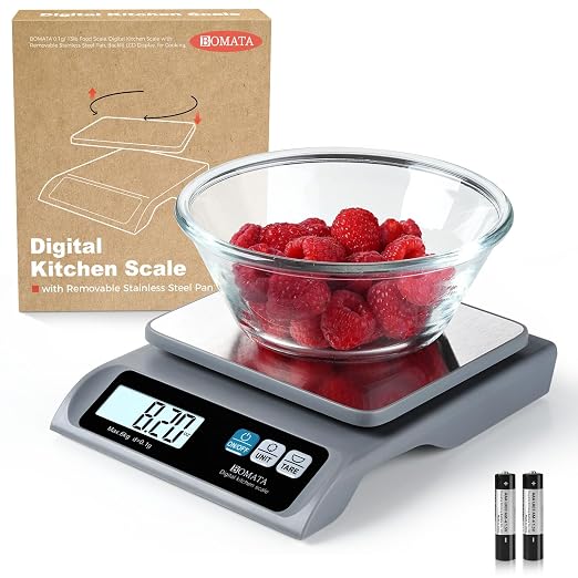 BOMATA 0.1g/ 13lb Food Scale, Digital Kitchen Scale with Removable Stainless Steel Pan, Backlit LCD Display, for Cooking, Baking B621 Grey