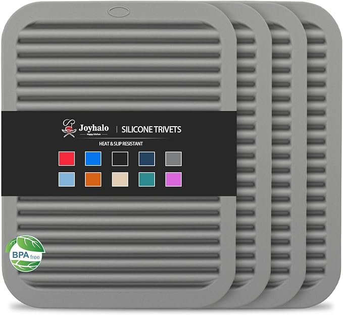 4 Pack Square Silicone Trivets | Hot Pads for Kitchen, Hot Pots and Pans, Hot Dishes, Countertops, Heat Resistance to 480°F, Grey