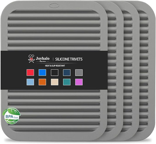 4 Pack Square Silicone Trivets | Hot Pads for Kitchen, Hot Pots and Pans, Hot Dishes, Countertops, Heat Resistance to 480°F, Grey