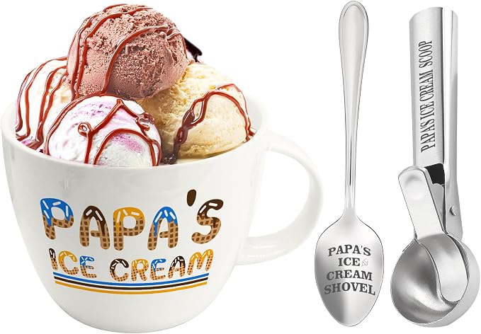 FUTBU Papa Gifts, Gifts for Him Papa Fathers Day, Dad's Ice Cream Bowl Scoop Shovel Spoon Set, Papa’s Ice Cream Gift, Ideal Xmas Birthday Father's Day Gift for Man