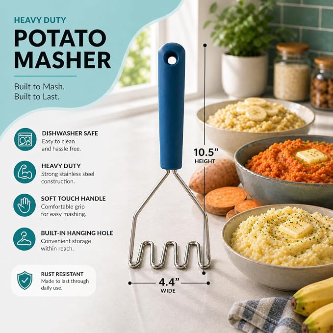 2pc Gift Set | Large Stainless Steel Meat Chopper/Cocktail Muddler & Potato Masher | 6-Blade Chopper Tool | Oversized Soft Grip Handle | Dishwasher Safe (Lagoon Blue/Lagoon blue)