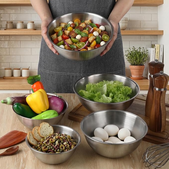 5 Pack Stainless Steel Mixing Bowls with Marks, Heavy Duty Nesting Bowls Set, Food Grade 304, Dishwasher Safe & Stackable for Cooking, Baking, Prepping (1, 1-1/2, 2, 2-1/2, 3-1/2 QT)
