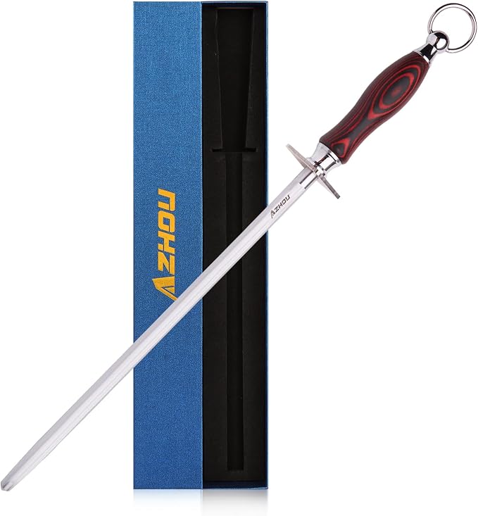 Azhou 12" Professional Knife Sharpener Steel Rod - High Carbon Steel (HRC 63), Fine 200 Grit for Kitchen & Chef Knives, Easy to Use with Non-Slip Wooden Handle & Gift Box